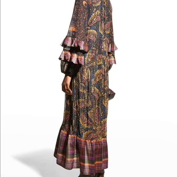 Farm Rio "Black Wild Bananas" printed dress with plaid ruffles and trim - Picture 3 of 5